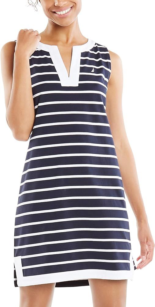 Nautica Women's Breton Stripes Sleeveless V-Neck Stretch Cotton Polo Dress | Amazon (US)