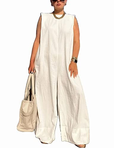 WOKANSE Loose Jumpsuits for Women Elegant Sleeveless Plus Size One Piece Wide Leg Jumpsuit Rompers White L | Amazon (US)