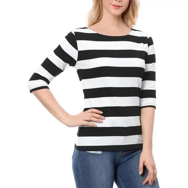 Unique Bargains Women's Boat Neck Elbow Sleeves Stripes Tee Shirt Blouse - Walmart.com | Walmart (US)