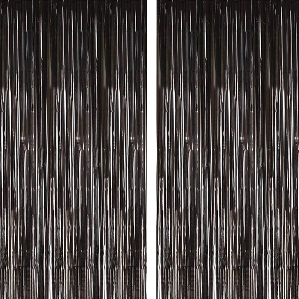 2pcs 3.2ft x 8.2ft Shiny Black Metallic Tinsel Foil Fringe Curtain Photo Booth Backdrop Props for... | Amazon (US)