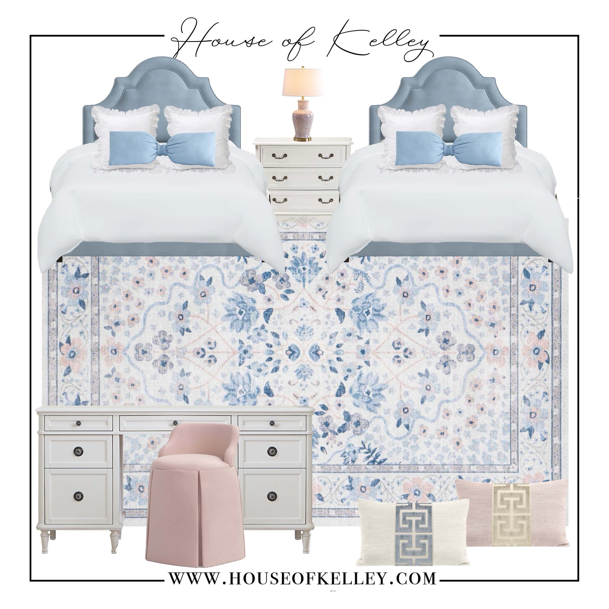 Girl bedroom, teenage girl bedroom, tween bedroom, pink bedroom, blue bedroom, white bedding, pink throw pillows, decorative pillows, upholstered bed, blue bed, bedroom furniture, white furniture, girl furniture, white desk, white vanity, Wayfair furniture, white nightstand, blue bedroom area rug, rifle paper rug, blue rug, bedroom rug, pink rug, teen rug, girl rug, nightstand lamp, pink lamp, pottery barn teen, interior design, interior decorator, bedroom refresh, Sisters room, shared bedroom, sibling bedroom, twin bedroom. This post contains affiliate links. I may receive commission from this post if you purchase from the link.

#LTKxWayDay #LTKHome #LTKKids