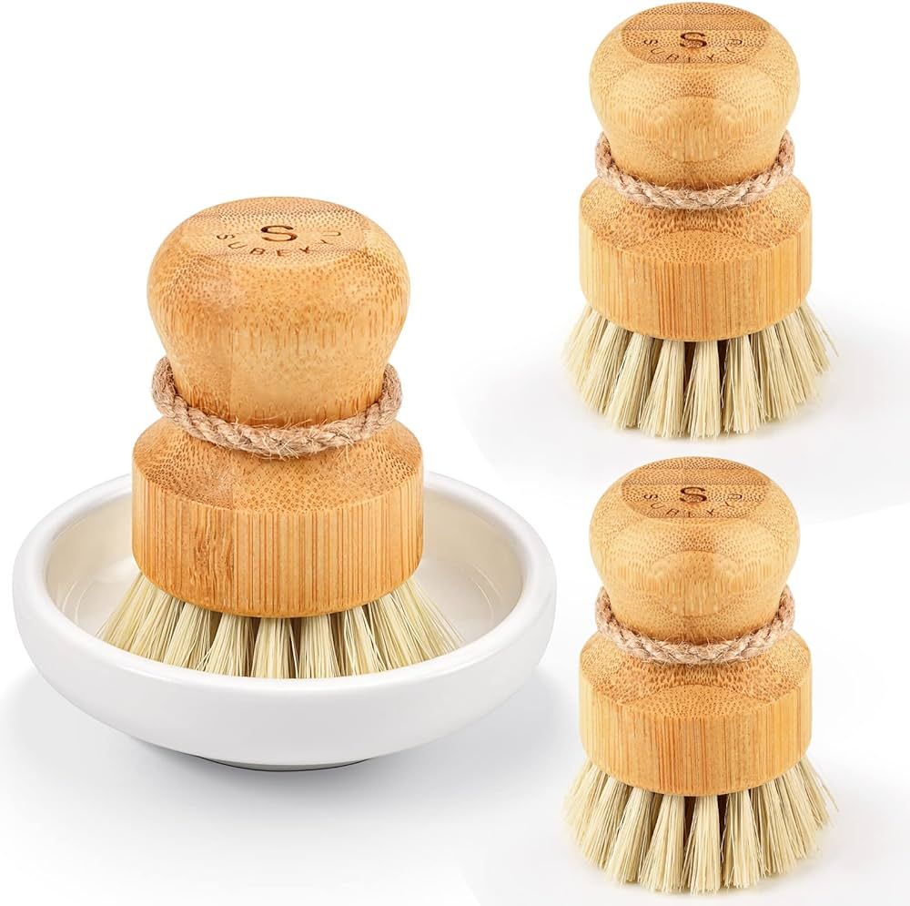 Bamboo Dish Scrub Brushes by Subekyu, Kitchen Wooden Cleaning Scrubbers Set for Washing Cast Iron... | Amazon (US)