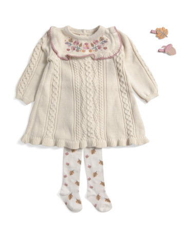 Infant Girls Embroidered Dress With Printed Tights And Hair Clips | TJ Maxx