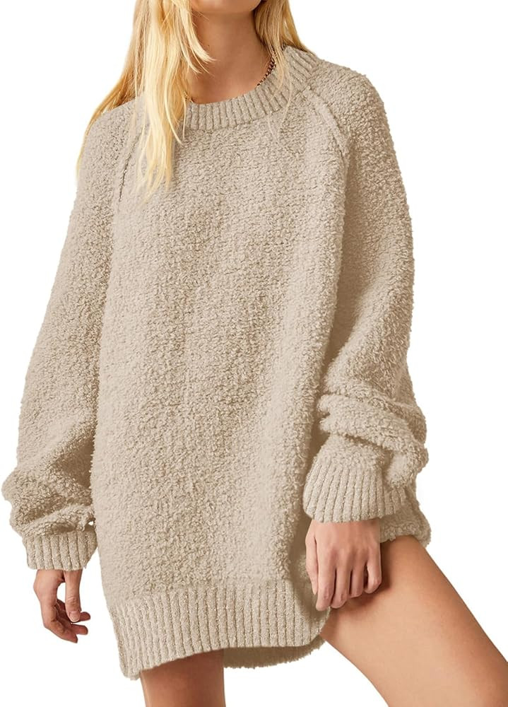 Saodimallsu Womens Oversized Sweater 2024 Fall Trendy Fuzzy Crew Neck Long Sleeve Casual Tunic Sw... | Amazon (US)