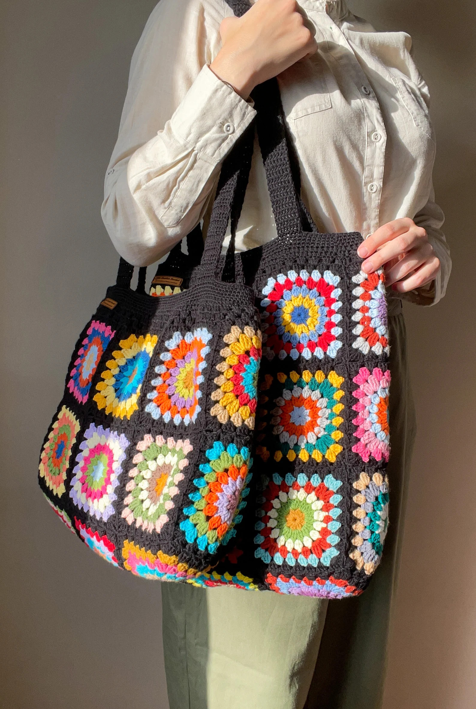 Crochet Black Shoulder Bag, Colorful Floral Granny Square Tote Bag, Cotton Handmade Bag, Crochet ... | Etsy (US)
