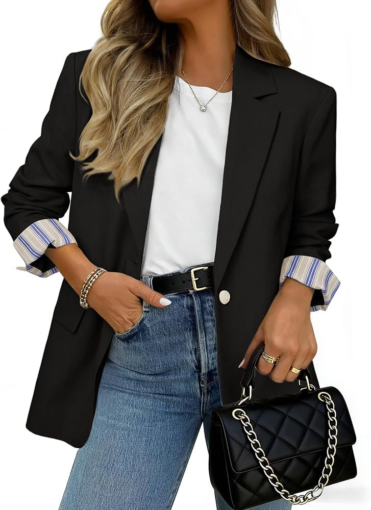 Simplee Blazer for Women Casual Long Sleeve Work Business Blazers Striped Cuff Suit Jacket with P... | Amazon (US)