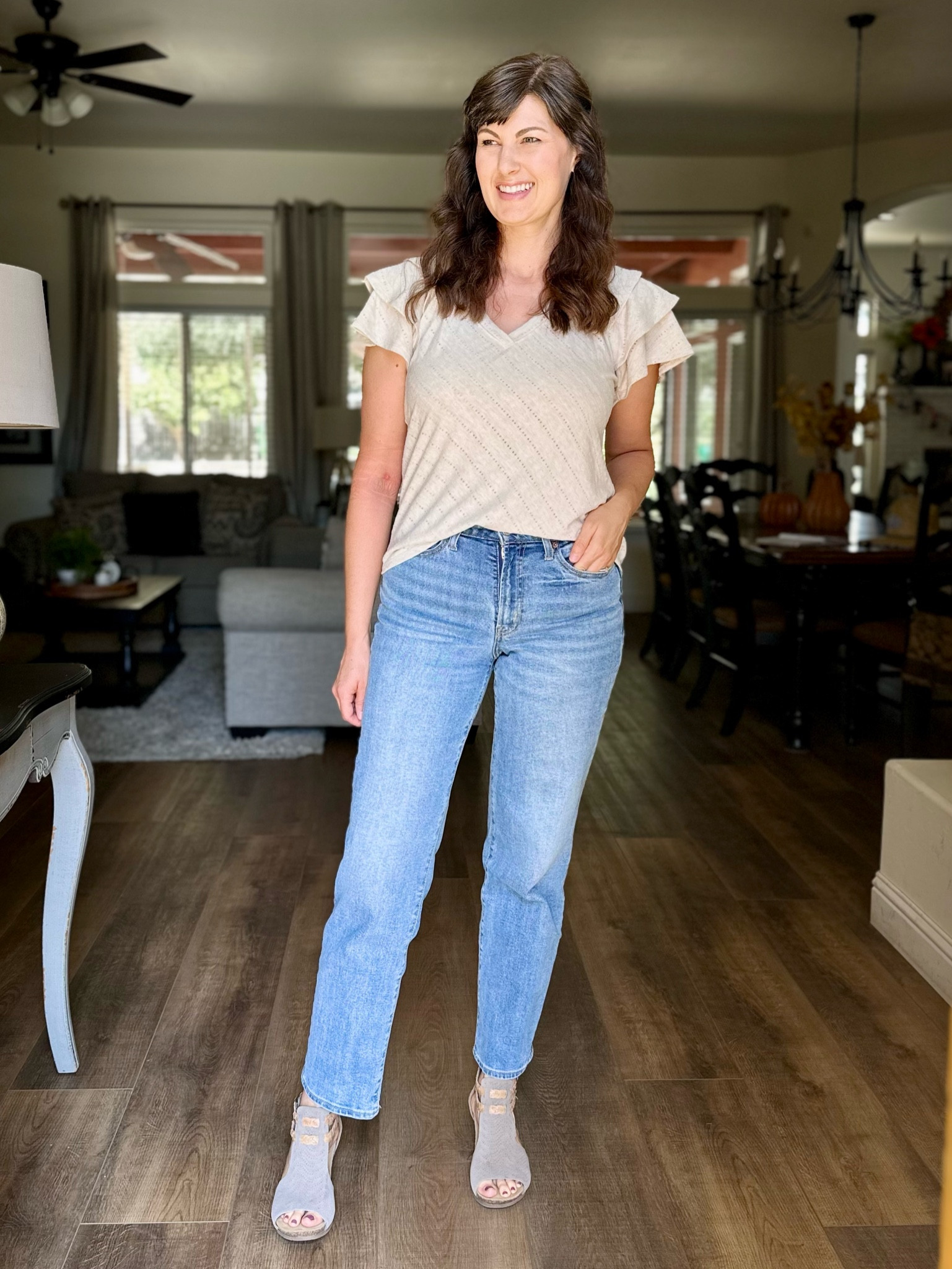 Shoes are Biza and can be found on their website. This is the perfect fall top with its flirty sleeves and neutral tone. A must fall outfit to complement your wardrobe.

#LTKFallSale #LTKFindsUnder50 #LTKSeasonal