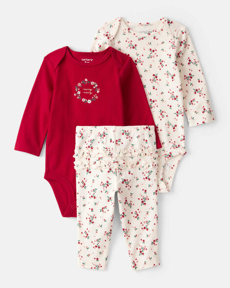 Baby Girl 3-Piece Floral Merry Cotton Bodysuits & Pant Set - White/Red | Carter's Inc