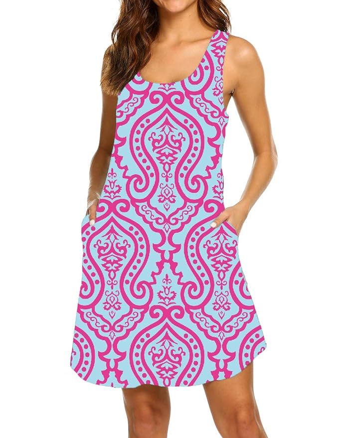 LuckyMore Womens Casual Summer Sleeveless Pockets Racerback Tank Dress Boho Floral Sundresses Bea... | Amazon (US)