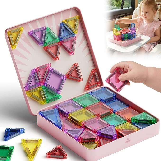 Mini Magnetic Tiles for Girls Travel: 60 PCS Pink Magnet Building Blocks in Tin Box to Stop Cryin... | Amazon (US)