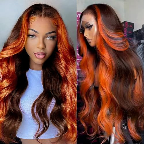 12A 13x6 Lace Front Wigs Human Hair Pre Plucked 13x6 HD Transparent Lace Front Wigs Ginger Orange Colored Human Hair Wigs for Women Glueless Body Wave Highlight Lace Front Wig 200 Density 28inch | Amazon (US)