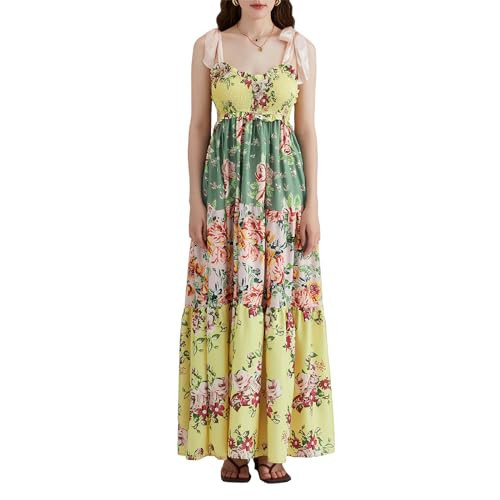 Women Floral Boho Maxi Dress Tie Shoulder Spaghetti Strap Dress Flowy Tiered Long Dress Summer Beach Dress Yellow | Amazon (US)