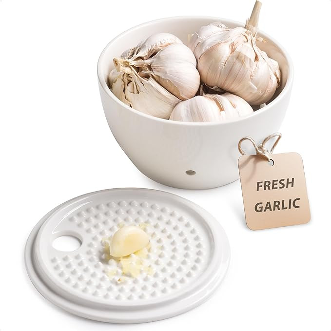 Garlic Keeper for Counter, Ceramic Garlic Holder with Lid, Garlic Storage Container with Grater P... | Amazon (US)
