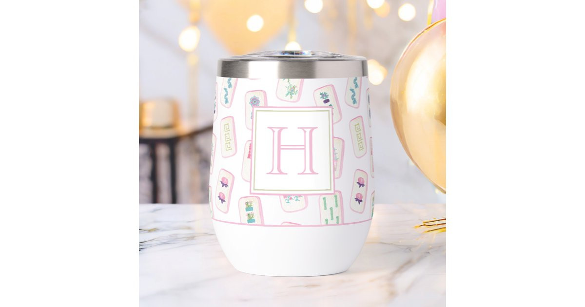 Watercolor Pink and Green Mahjong Tiles Monogram Thermal Wine Tumbler | Zazzle | Zazzle