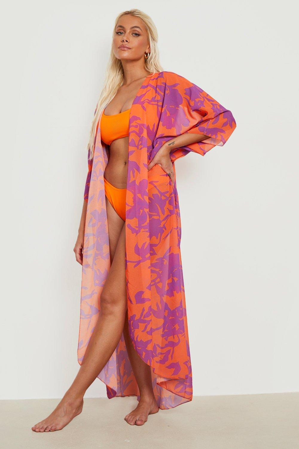 Womens Printed Short Sleeve Beach Kimono - Orange - S | Boohoo.com (US & CA)
