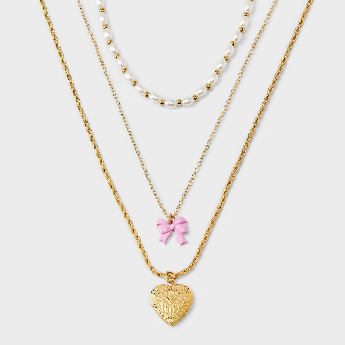 Girls' 3pk Heart Locket Pearls and Bow Charms Necklace - art class™ Gold | Target