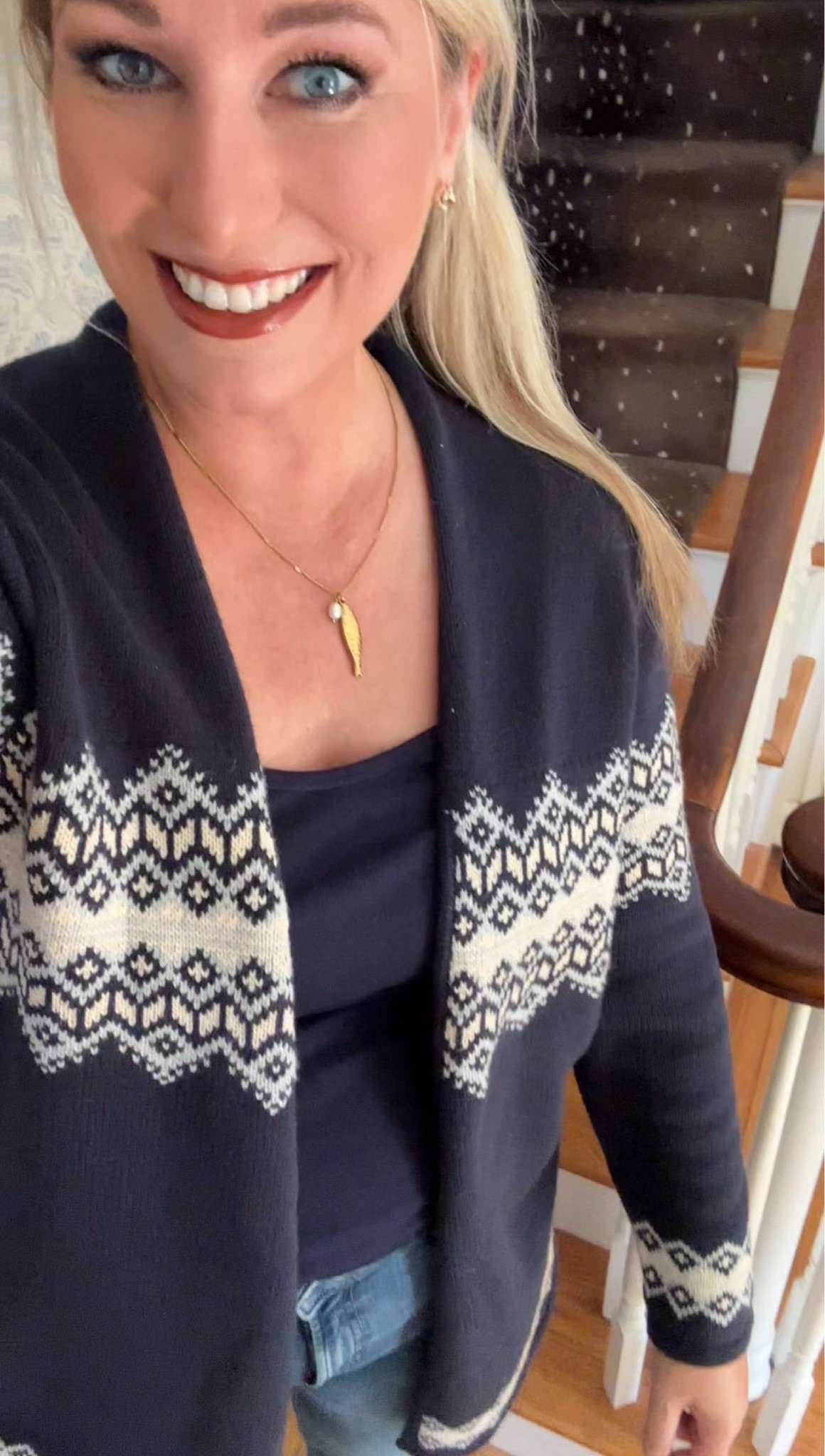 This navy fair isle cardigan is so cozy! Comes with a belt. Use code KNE15 for 15% off.

#LTKSaleAlert
