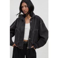 boohoo Women's Funnel Neck Denim Jacket in Washed Black | Size: 12 | boohoo (US & Canada)
