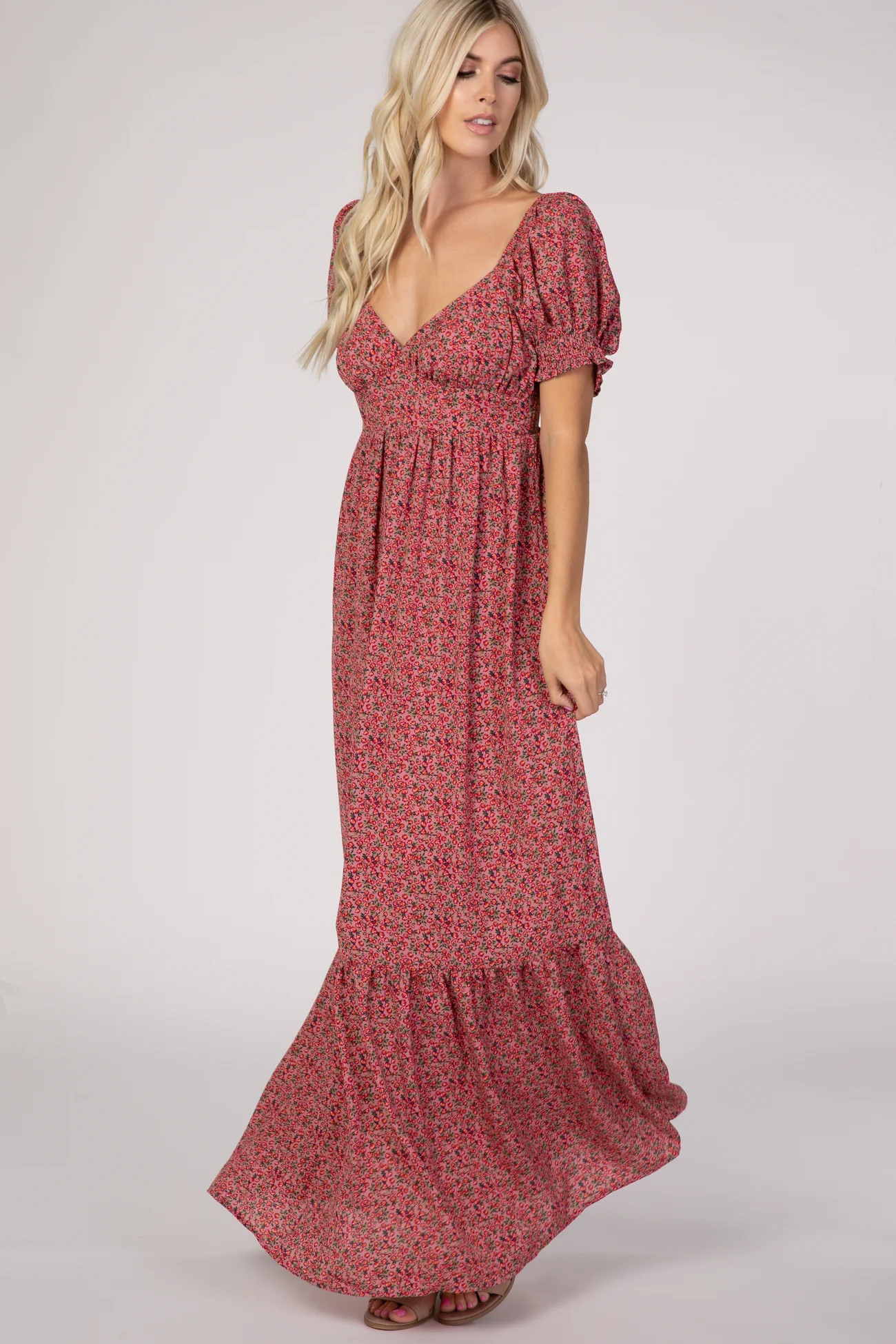 Pink Floral Puff Sleeve Maxi Dress | PinkBlush Maternity