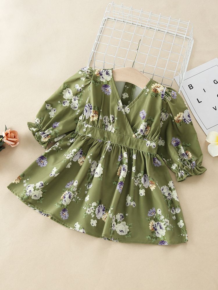 Baby Girl Floral Print Flounce Sleeve Surplice Dress | SHEIN