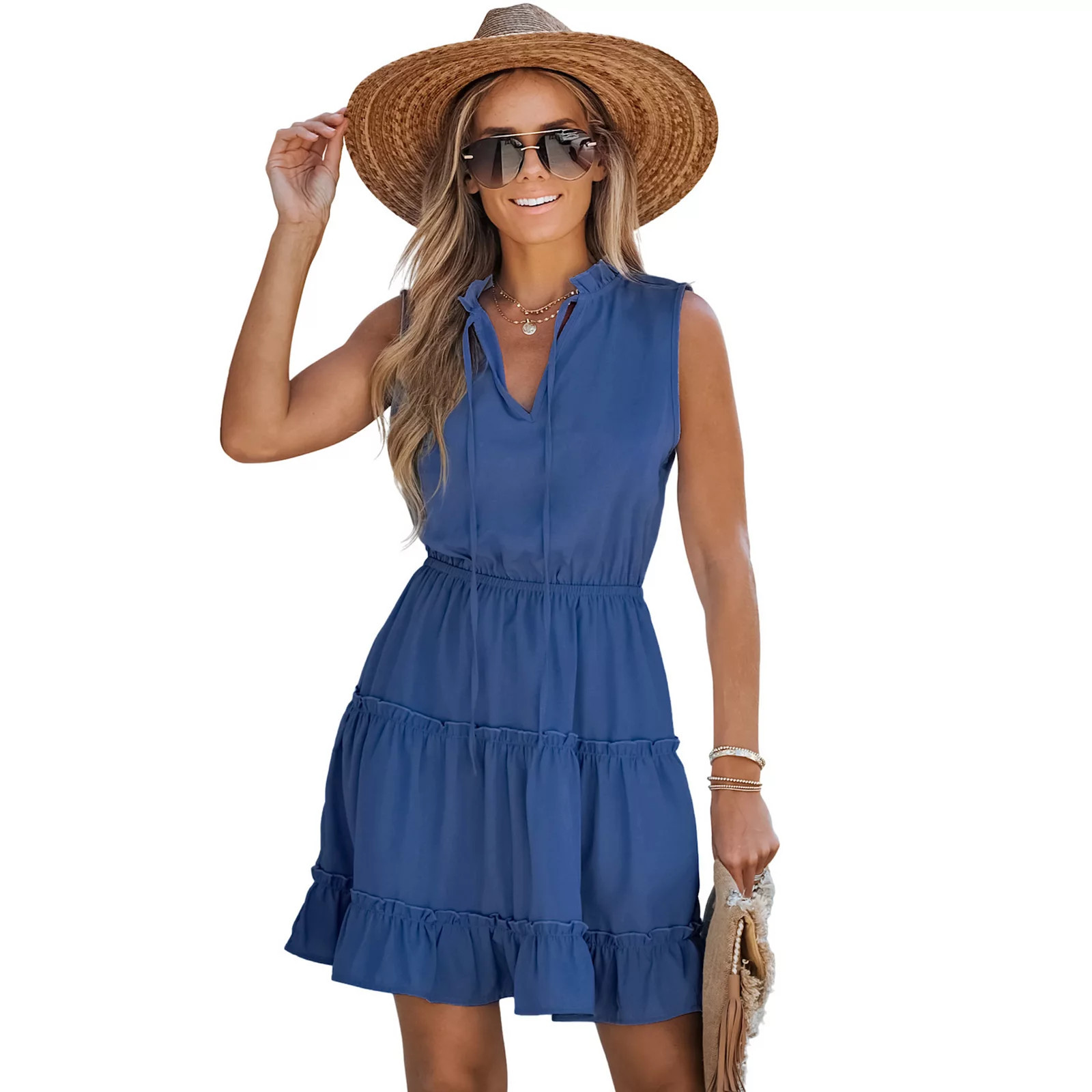 Women's Cupshe Ruffled Neck Sleeveless Tiered Dress, Size: Medium, Blue | Kohl's