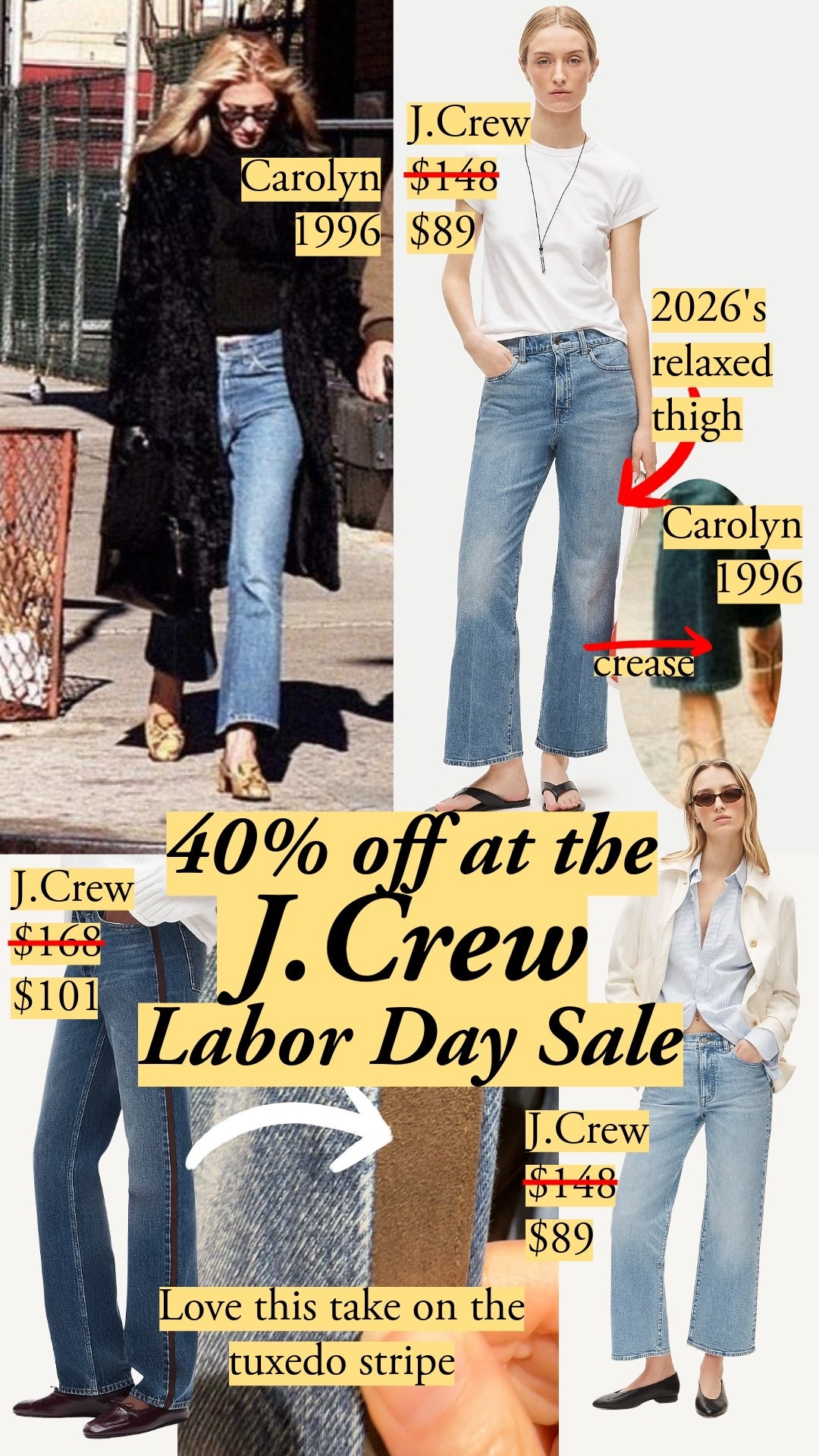 40% off J.Crew ends Sept 7. I usually size down for their jeans from 26 elsewhere to 25 at J.Crew. The Charley Kickout in Eagle Wash reminds me of CBK's 90s Levi's, but updated with today's more relaxed thigh. I loved the Jesse relaxed-straight jeans with that suede strip. The distressing looks natural, and the suede just works. It's the effortless upgrade I'm always looking for.

#LTKootd #LTKSeasonal #LTKSaleAlert