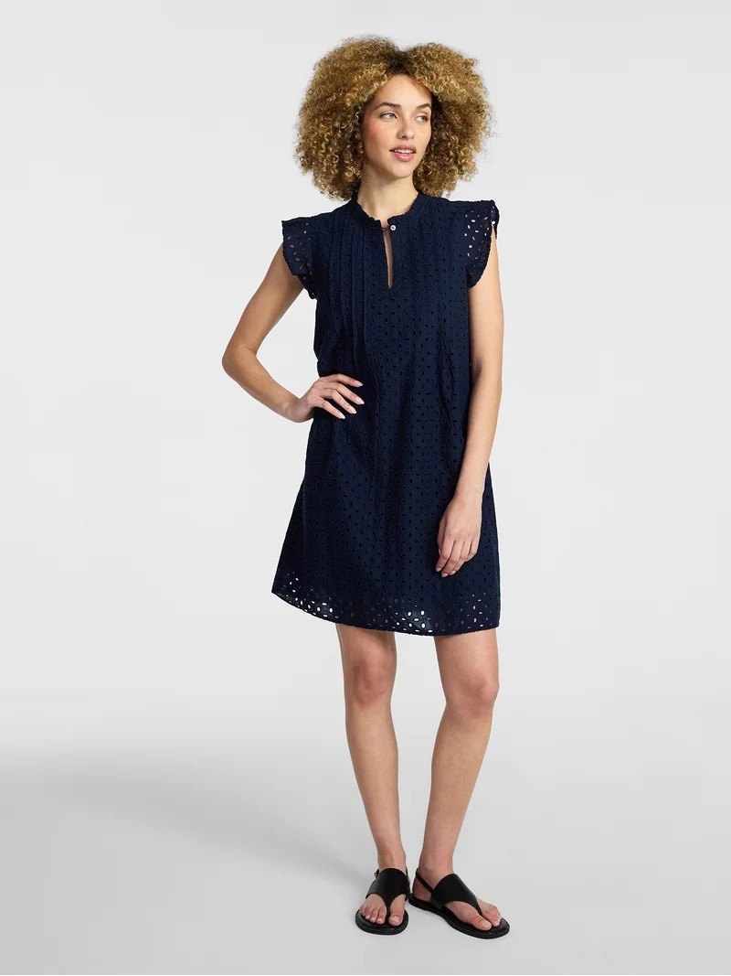 Time and Tru Women's Cotton Eyelet Mini Dress with Flutter Sleeves, Sizes XS-XXXL | Walmart (US)