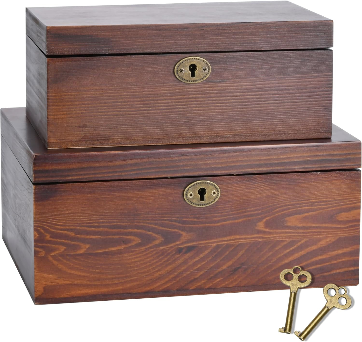 Wooden Box with Hinged Lid - 2 Pack - Vintage Decorative & Lockable Chest - for Keepsakes, Valuables, Accessories, Treasured Items - Walnut-Like Wood Finish, Aged Brass Hinges & Antique Lock | Amazon (US)