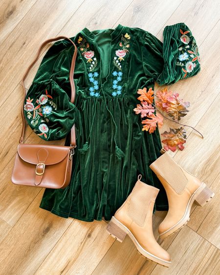 Green velvet dress. Fall outfits. Boots. Fall fashion. Thanksgiving outfit ideas. 

#LTKSeasonal #LTKHoliday #LTKsalealert