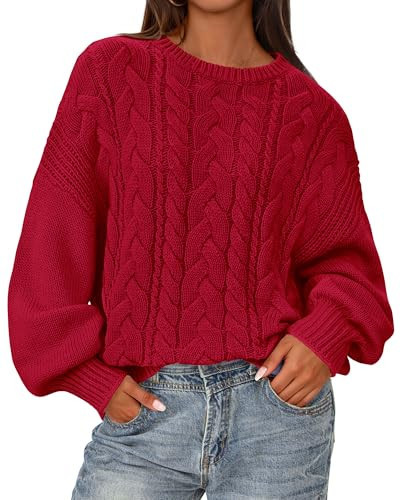 BTFBM Fall Sweaters for Women 2025 Cable Knit Sweater Crew Neck Long Lantern Sleeve Loose Chunky Pullover Casual Tops(Red, Medium) | Amazon (US)