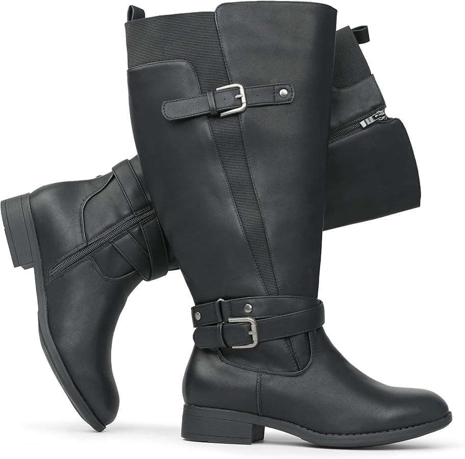 Damen Reitstiefel mit extra breitem Schaft, niedrigem Absatz, Knöchelriemen, schlankes Design, k... | Amazon (DE)