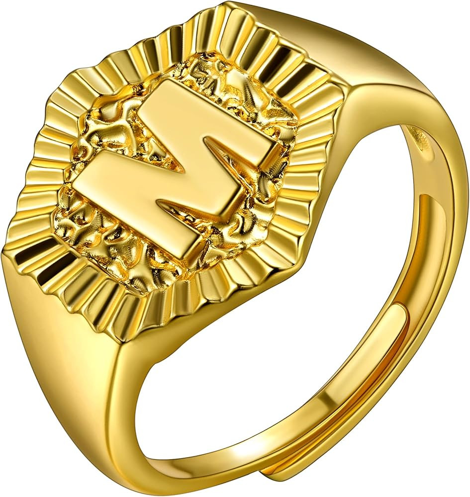 U7 Initial Ring Wedding Band for Men Women 18K Gold Plated Statement Hexagon A-Z Letter Jewelry Pers | Amazon (US)