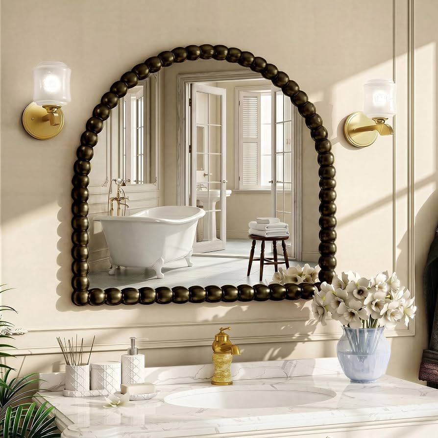 31"\u00d732" Bronze Arched Bathroom Vanity Mirror, Vintage Beaded Decorative Wall Mounted Makeup ... | Amazon (US)