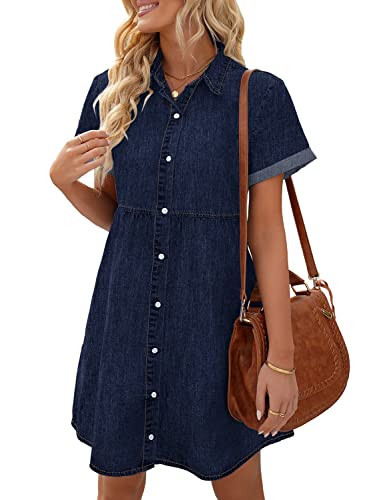 LookbookStore Short Sleeve Denim Dress for Women Summer Dresses for Women 2024 Women's Short Sleeve Babydoll Dress Button Down Dress Loose Jean Dress for Women Casual Twilight Blue Size S | Amazon (US)