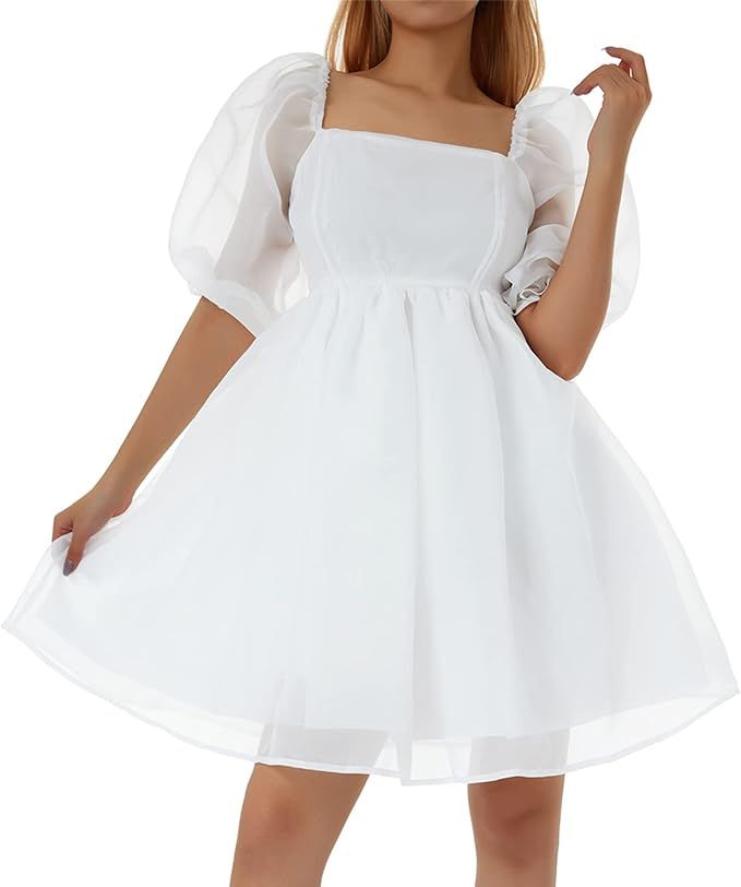 Piacakece Women Cute Puffy Dress Printed Bell Sleeve Square Neck Mesh Ruffle Bubble Dress | Amazon (US)