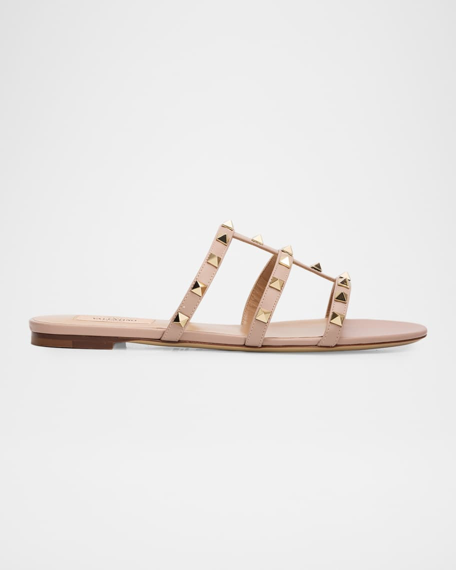 Rockstud Leather Flat Slide Sandals | Neiman Marcus