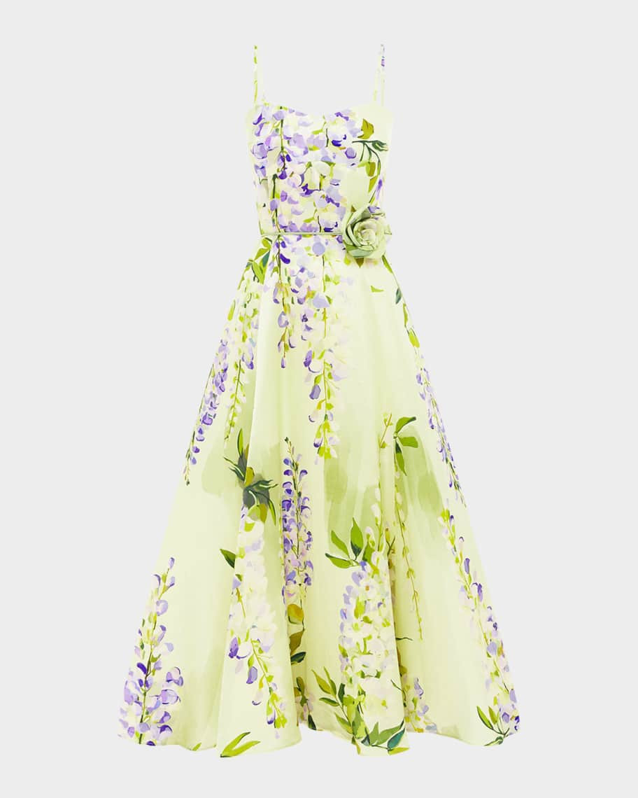 Mariela Belted Floral-Print Sweetheart Midi Dress | Neiman Marcus