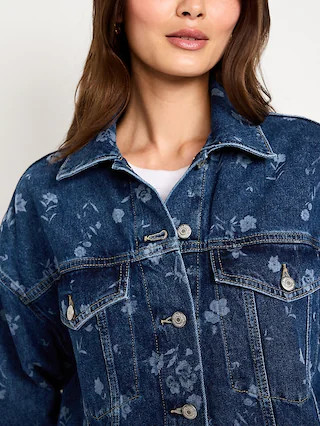 Oversized Floral Print Jean Trucker Jacket | Old Navy (US)