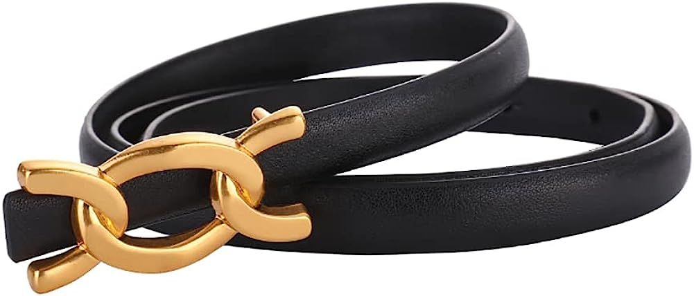 Womens Thin Belts Skinny Leather Dress Belt, Gold Double C Buckle for Jeans Pants | Amazon (US)