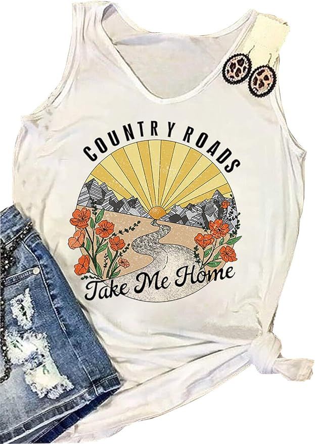 Country Roads Take Me Home Floral Tank Top for Women Hiking Mountain Sleeveless T Shirt Tees Camp... | Amazon (US)