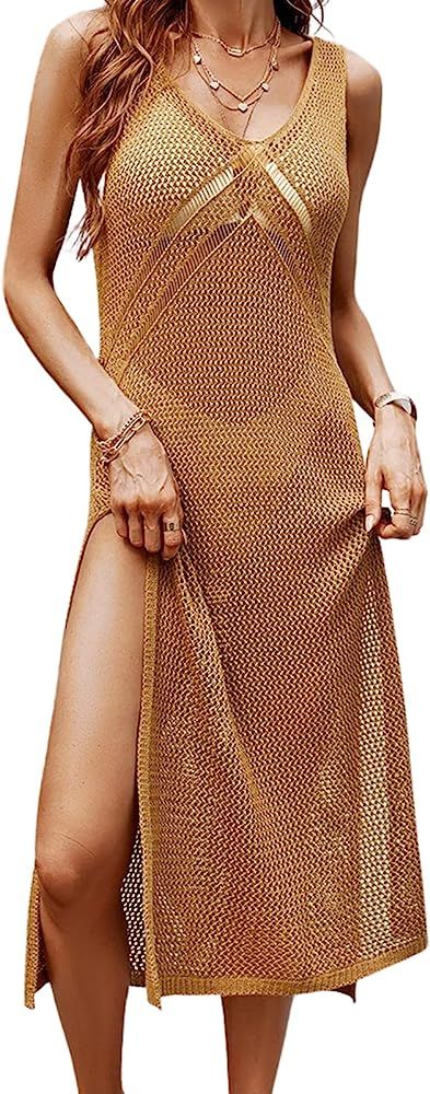 CUPSHE Women Crochet Swimsuit Cover Up Sleeveless Hollow Out Long Swim Coverup 2024 Split Mesh Be... | Amazon (US)