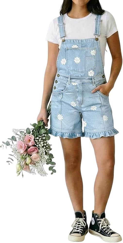 utcoco Denim Overall Shorts for Women Fashion Floral Printed Bib Coveralls Cute Shortalls Romper ... | Amazon (US)