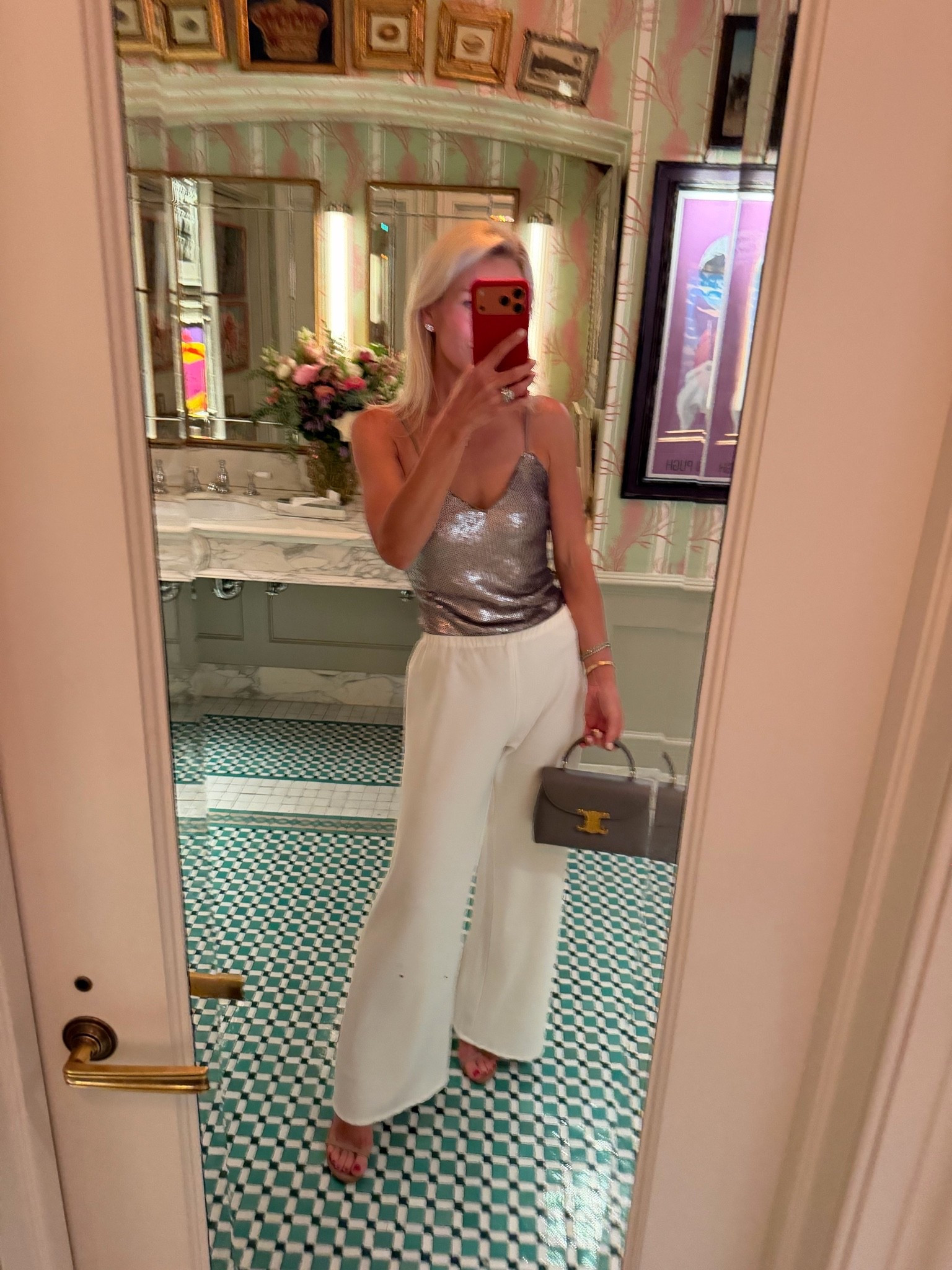Zara sequin bodysuit camisole tank 
White @lalignenyc Colby pants in ivory 
Celine bag

#LTKootd #LTKSaleAlert #LTKgrwm