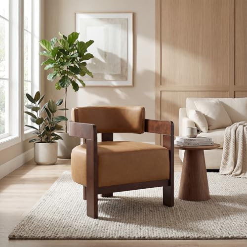 CIMOTA Modern Accent Chair, Upholstered Barrel Side Chairs PU Leather Guest Chair with Wooden Frame for Living Room Bedroom, 1PC, Brown | Amazon (US)