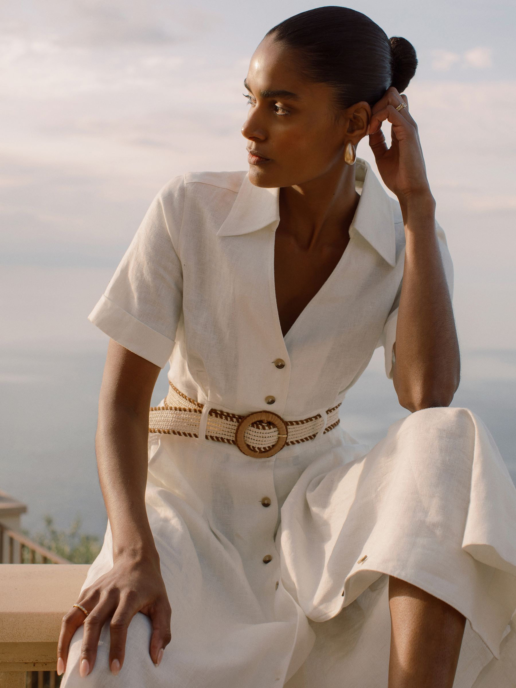 Reiss Linen Belted Midi Shirt Dress in Ivory | REISS | Reiss DE