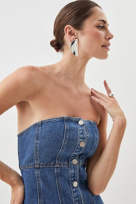 Denim Bandeau Button Midi Dress | Karen Millen US