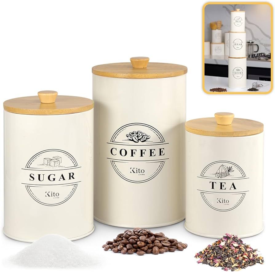 Canister Sets For Kitchen Counter 3 Piece, Airtight Sugar Tea Coffee Canisters with Wooden Bamboo... | Amazon (US)