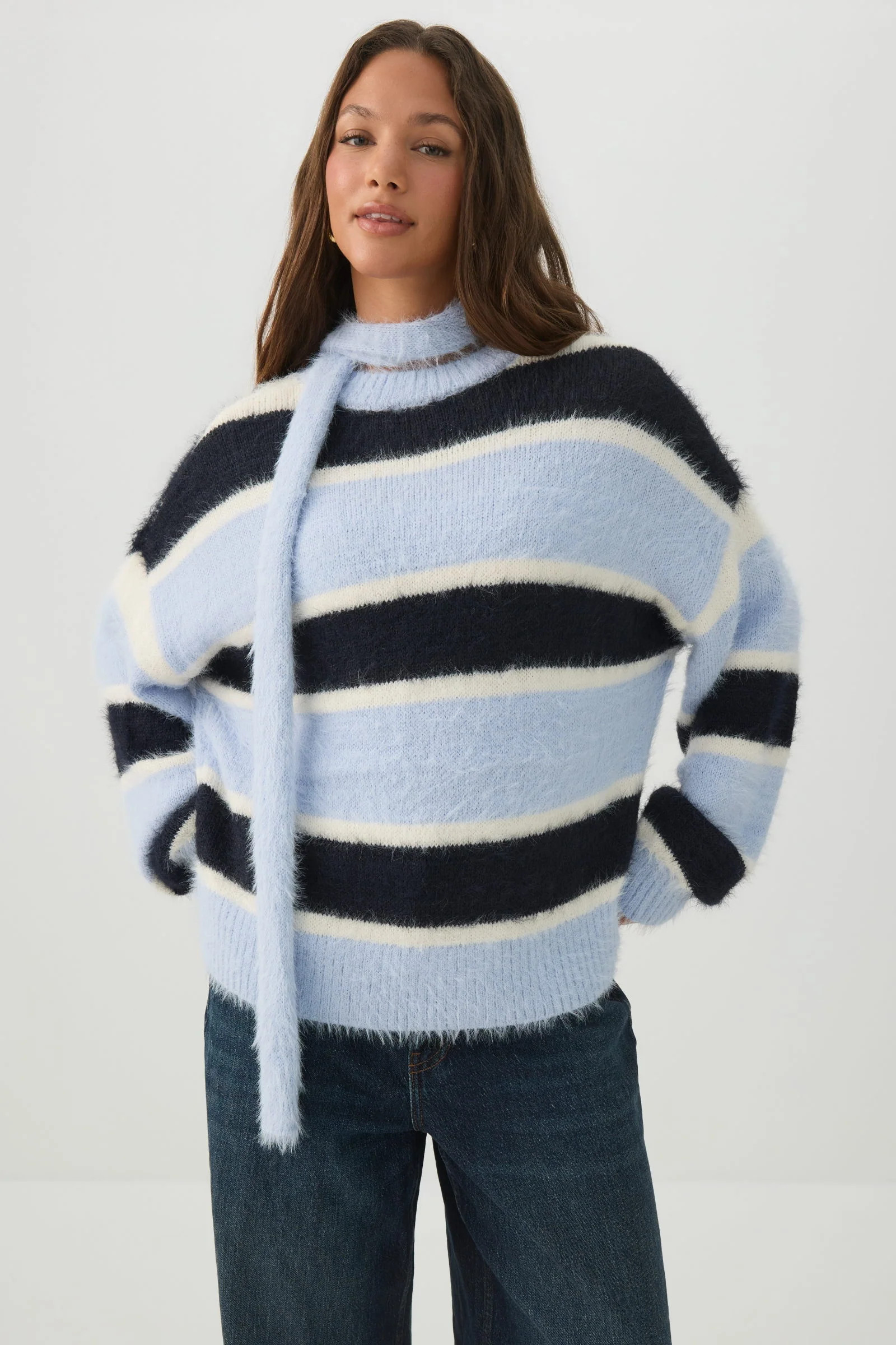 Striped Oversized Sweater with Scarf Light Blue | Ardene Canada | Ardene US