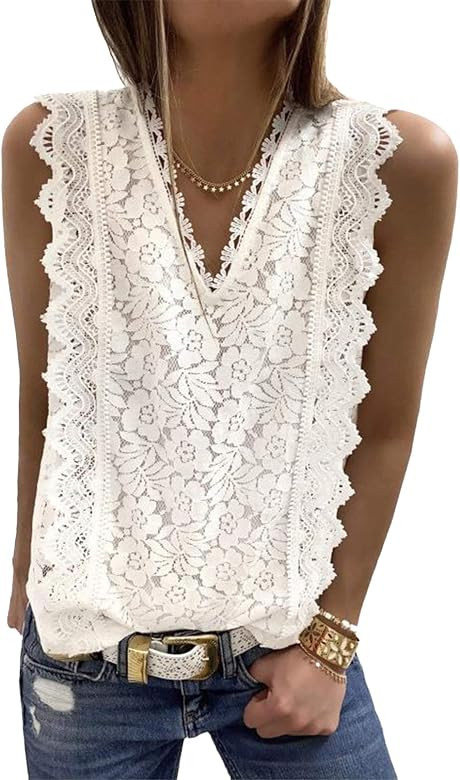 Dokotoo Women's V Neck Lace Crochet Tunic Tank Tops Flowy Casual Sleeveless Blouses Shirts | Amazon (US)