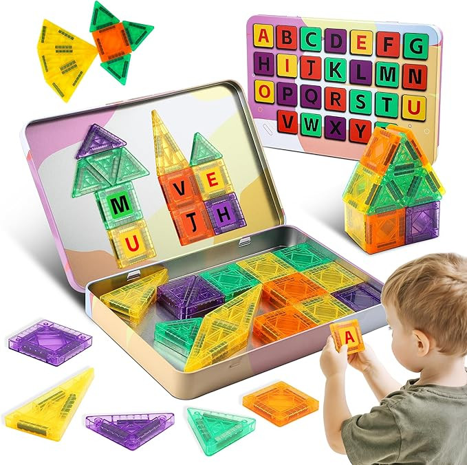 47PCS Magnetic Tiles Travel Toys, Mini Magnetic Letters Building Blocks With ABC Alphabet Iron Ca... | Amazon (US)